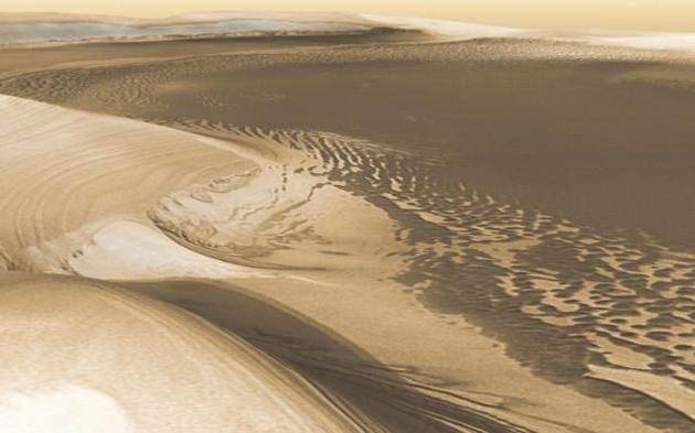 火星北极峡谷的三维全景模拟图。该峡谷长约560公里，通往火星北极冰盖。