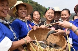 广西侗乡妇女竞技庆丰收 抓鱼收稻谷一片喜气